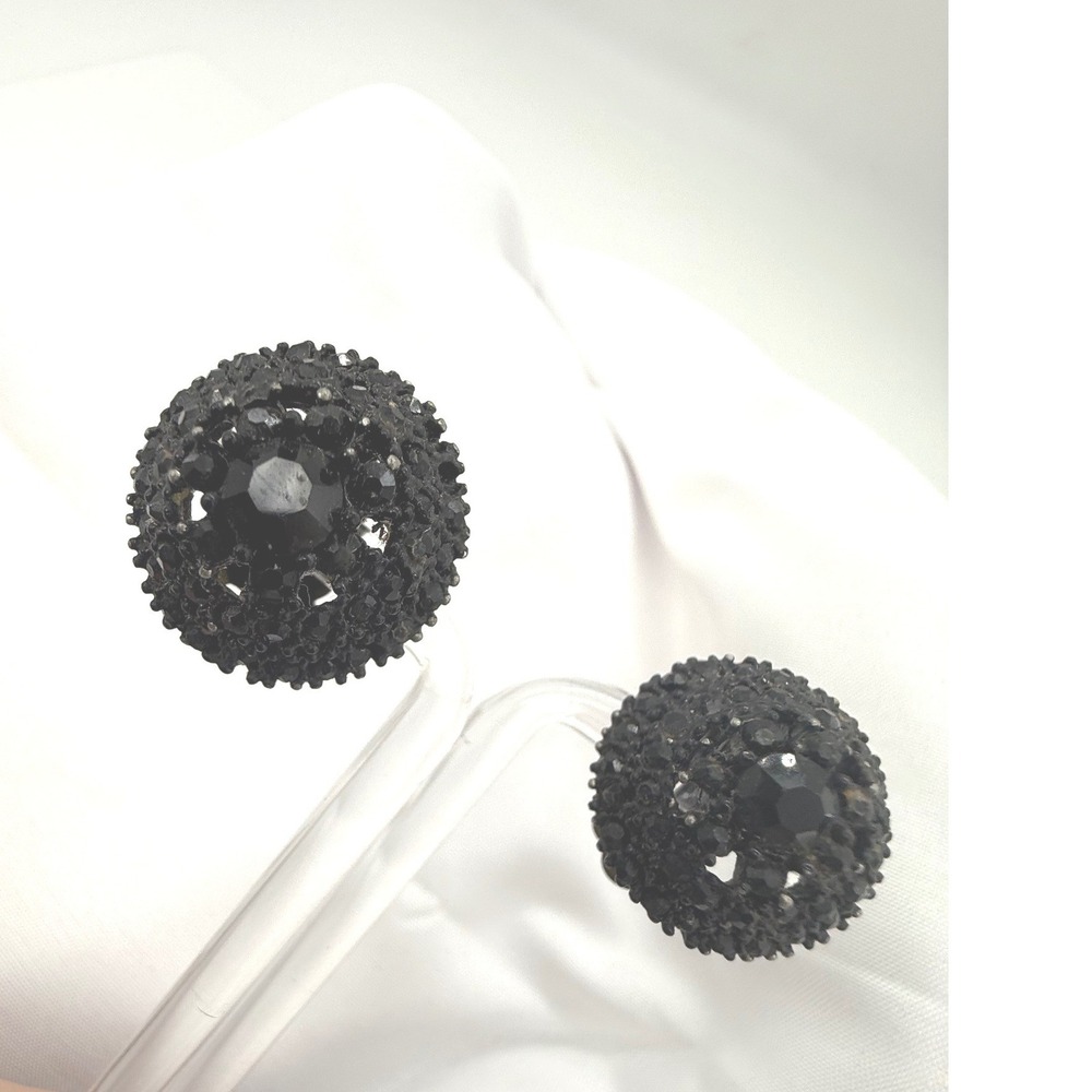 Vintage Black Rhinestone Beaded‎ Domed Statement Clip On Earrings